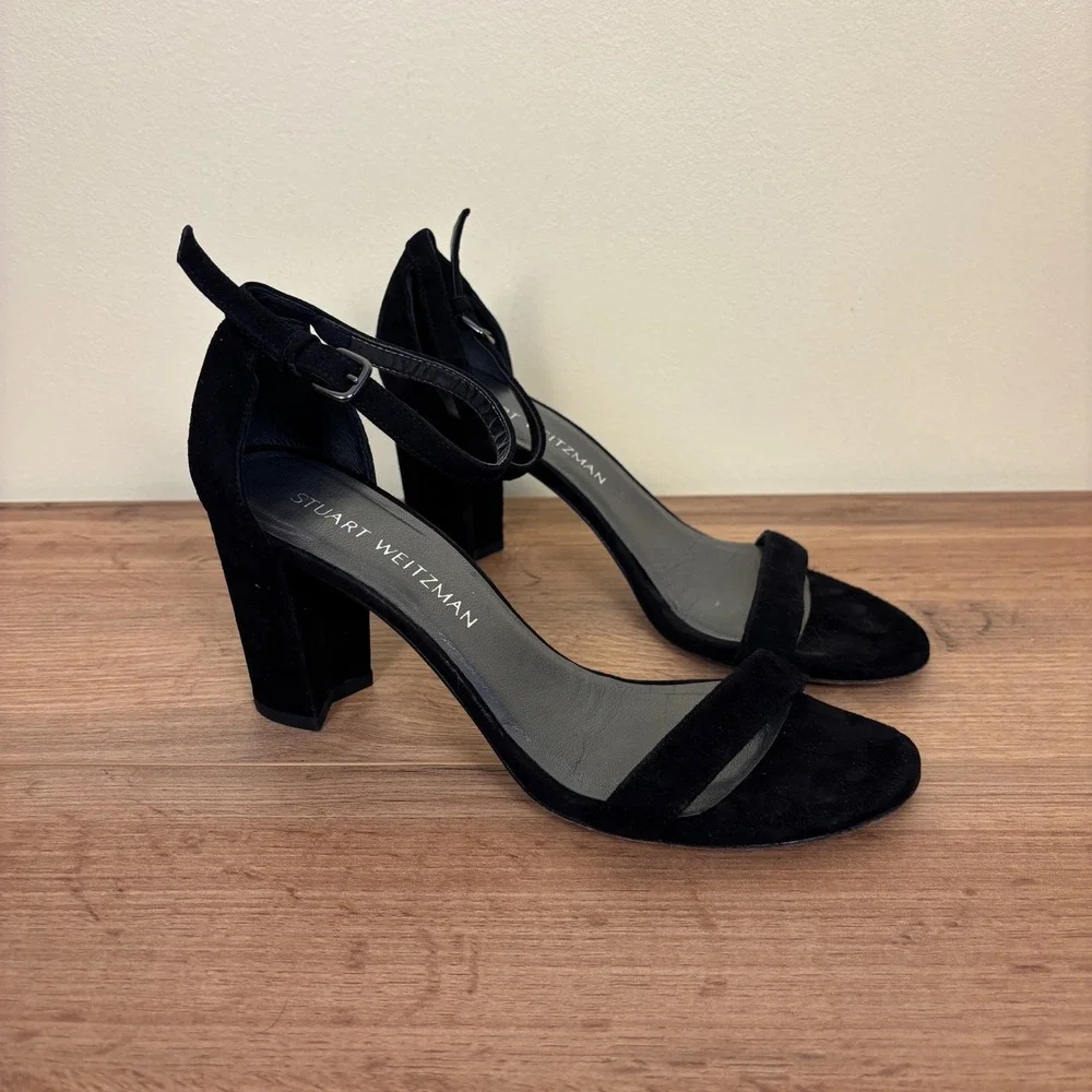 STUART WEITZMAN NearlyNude Heel Sandals Black Suede Women Size 7 Formal Open Toe